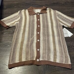 NWT Massive Luxury Edition Mens Med M Crochet Knit Button Up Collar Sweater Tan